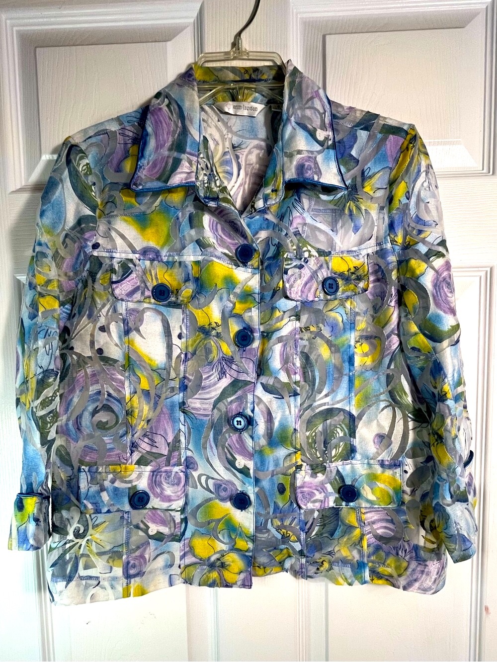 Erin London Abstract Floral Button-Front Jacket in Pastel Blue 8